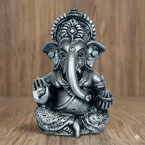 Image of Elegant Resin Ganesha Idol for Home Temple Decor, Lord Ganpati Murti for Pooja Room, Car Dashboard, Gift Item | Color: Metallic