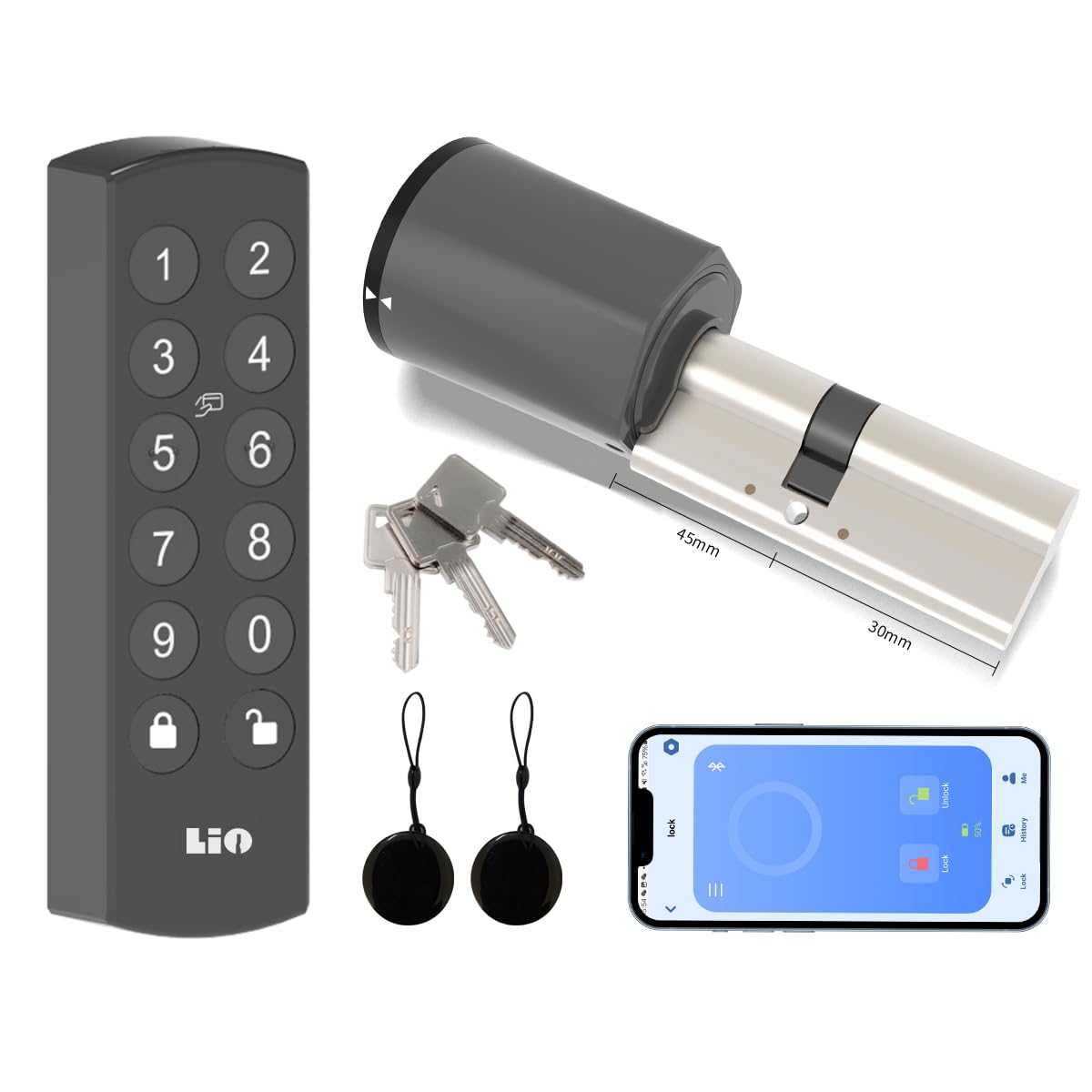 Serrure Porte Connectée avec Clavier,Cylindre 30x45 | Accès via Code, Cartes, APP,Clés.Pour les portes Airbnb/Bureau/d'entrée/derrière/jardin.