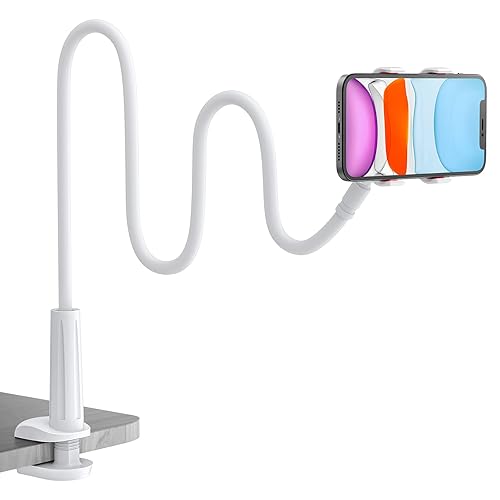 Gooseneck Phone Holder for Bed, Flexible Lazy Arm Cell Phone Stand Holder 360 Adjustable Clamp Bracket Mount Desk for iPhone 16 15 14 13 12 11 Pro Max Plus, Mini, Xs XR, Samsung - White