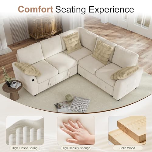 Image of Hanherry Sectional Couch with Pull Out Sofa Bed,Chenille Sleeper Sofa with 2 Seat Storage & USB Charging,Comfy L Shaped Modular Couches for Living Room,Apartment