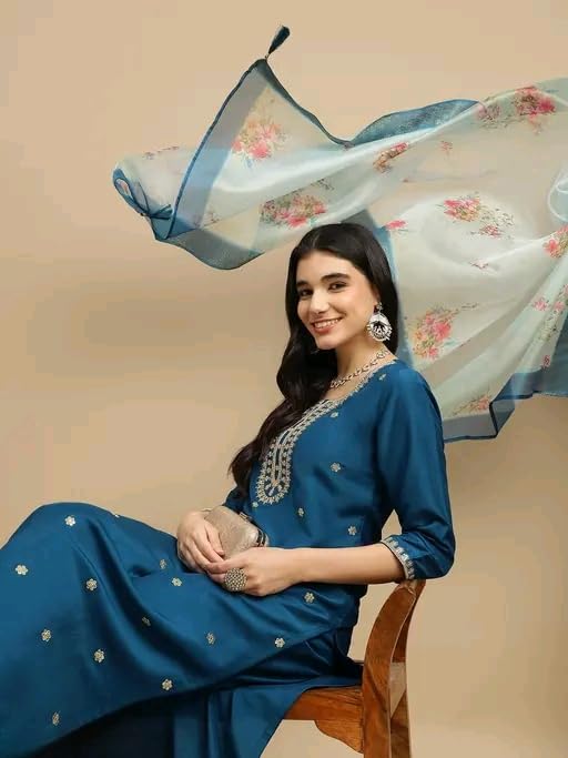 Image of Women's Embroidered Straight Kurta Set with Pant and Floral Silk Dupatta