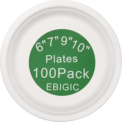 EBIGIC Platos desechables 100 compostables de 6 pulgadas 7 pulgadas 9 y 10 pulgadas platos de papel biodegradables platos de bambú desechables de