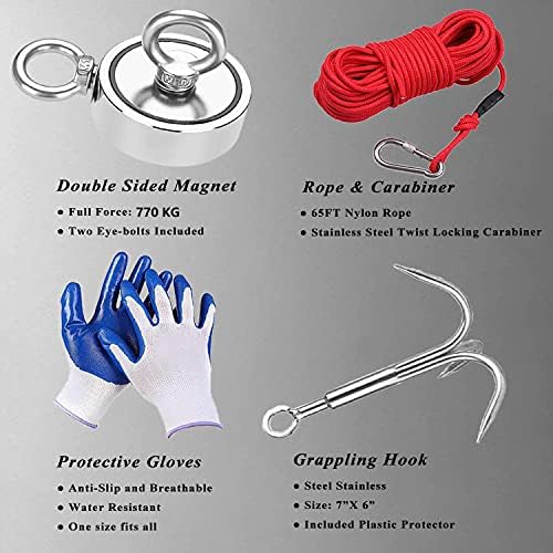 Magnet Fishing Kit 770KG Double Sided Fishing Magnet with Rope 20M Grappling Hooks Gloves Carabiner Two Eyebolt Neodymium Rare Earth Powerful Super Strong Magnet for Salvage