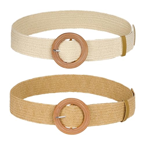 hoyuwak 2Pcs Women Straw Woven Waist Belt Round Buckles Elastic Wide Belts for Summer Dress Dance Braided Skinny Accessories
