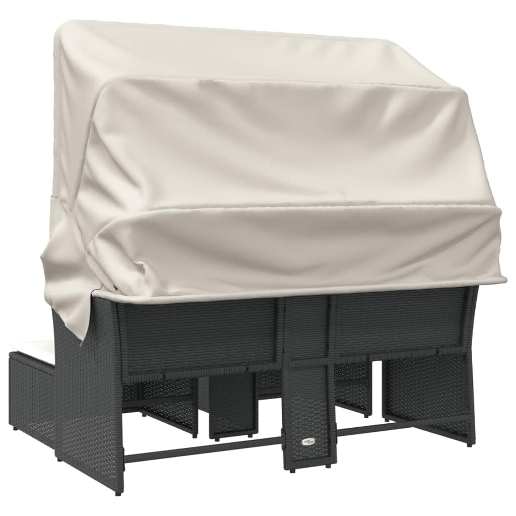 Hommdiy Gartensofa,Gartenlounge Outdoor,Sonnenliege Gartenliege Balkon,Doppelliege 2-Sitzer mit Dach und Hockern Schwarz Poly Rattan