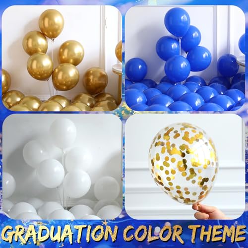 Image of 135Pcs Royal Blue Gold White Graduation Balloon Garland Arch Kit,with Explosion Star,Diploma,Trophy,Grad Hat,Photo Frame Foil Balloon for Class of 2026 Graduates Celebration Party Decoration