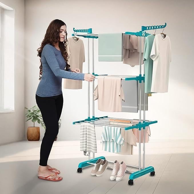 Image of REGILLER Steel,Plastic 5.5 ft Clothes Drying Stand,3 Layer Foldable Cloth Dryer,Portable with Castor Wheels,24 Hanger Rods & 2 Wings,Anti Rust Steel Double (Large)