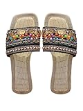 BEAUDRM Women's Boho Beaded Beach Flat Sandals Embroidered Open Square Summer Slide Shoes Beach Multicolor 10