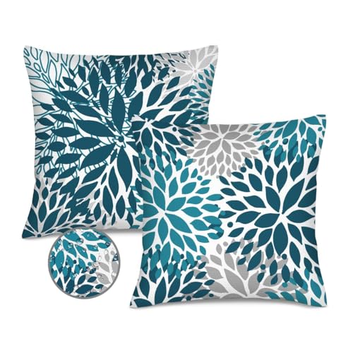Verdiqor Outdoor Spring Waterproof Blue Teal Pillow Covers Set of 2 18x18 inch Decorative Turquoise Floral Throw Pillow Covers for Bench Couch and Garden Patio Furniture