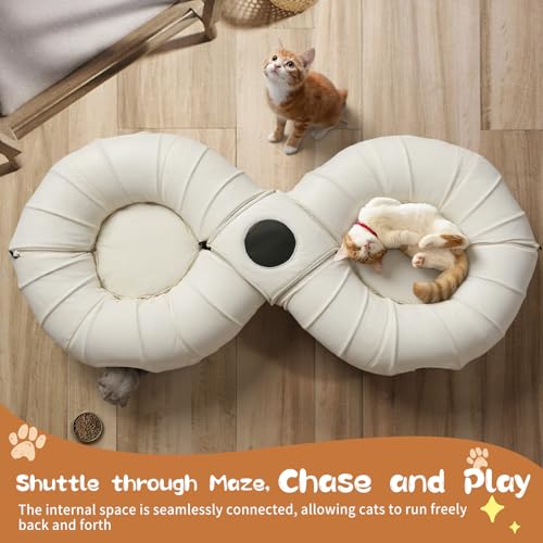 Image of Pawaboo 2-in-1 Cat Tunnel Bed for Indoor Cats, 8-Shaped Large Cat Tunnels with Plush Cushions, Foldable Cats Cave Hideout Kitty Toys with Fluffy Balls, Donut Tunnel for Kitten Rabbit Ferret,Beige