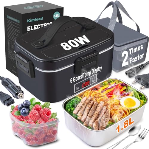 Kimfead Fiambrera Electrica Con Pantalla Temperatura Calentador de Comida Portatil 80W 1,8l Acero Inoxidable Taper Electrico 12V/24V/230V para Camiones/Coches/Oficinas,con Bolsa(Negro)