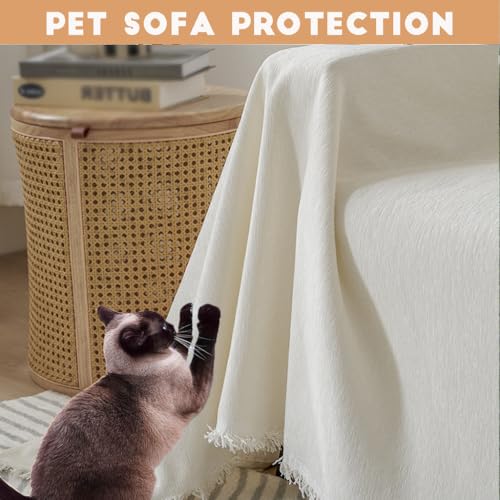 BUSVORES Sofa Überwurfdecke, Chenille Mit Fransen Sofabezug, AntiRutsch Couch Schutz für Haustiere Haare Kinder Hund Katze, Vielseitige Dekorative Sofaüberwurf für Familie(Beige, 230x380 cm)