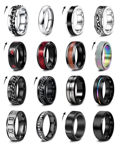 EIELO 16Pcs Stainless Steel Men Fidget Rings for Men Women Stress Anxiety Relief Spinning Rings Cool Black Rings Fashion Chain Band Ring Mens Wedding Engagement Ring Set