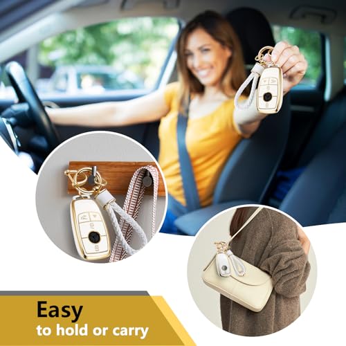 Image of for Mercedes Key Fob Cover with Metal Braided Rope Keychain, Upgraded Soft Case for Benz GLC GLE GLA GLB GLS AMG A C E G S Class (4 Buttons) Shell (Gold Edge, B2)