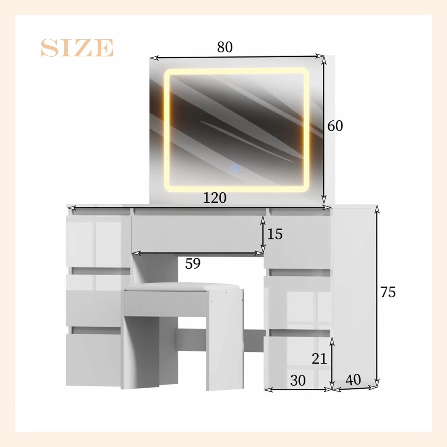 LSLIFE Schminktisch mit Spiegel und Hocker Weißer Schminktisch mit LED-Beleuchtung 7 Schubladen Hochglanz Make-up Schreibtisch Schlafzimmer Ideal für Mädchen und Frauen Schlafzimmer Möbel (Schwarz)