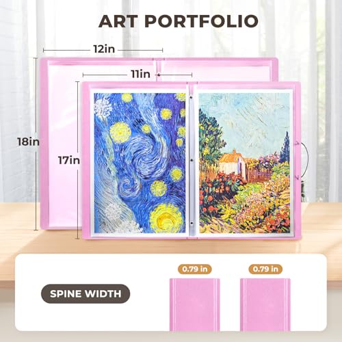 Image of JoyCat 11 x 17 Art Portfolio Binder, 40 Acid-Free Clear Pockets Art Folder Display 80 Pages, Large Presentation Book for Artists and Students (Pink)