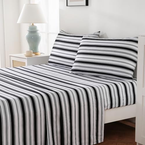Image of MCO 4Pieces Striped Sheets Set, Breathable King Sheet Set with 16 inch Deep Pocket,Modern & Luxury, Brushed Microfiber Bedding Set(King, Black)