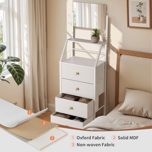 OYRREU Chest of Drawers with Mirror and 4 Fabric Drawers, Wood Top, 2-in-1 Tall Chest of Drawers for Clothes, Dresser for Bedroom, Hallway, Livingroom (White) - Image 6