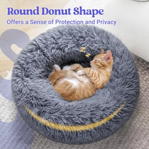 rabbitgoo Calming Cat Beds for Indoor Cats, 20 inches, Dark Grey | Soft Warm Donut, Fluffy Faux Fur, Supportive Raised Rim, Anti-slip, Machine Washable, Up to 15lbs Kittens & Small Cats - Image 5