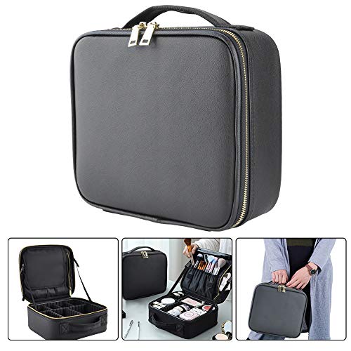 Blibly Travel Makeup Bag Portable Cosmetic Bag PU leather Train Case Professional Waterproof Brushes Toiletry Artist Storage Organizer with Adjustable Dividers for Women Black