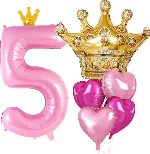Princess Peach Birthday Party Decorations, 40 inch Large Pink Crown 5 Balloon for Girls’ Princess Peach Birthday Decorations, Party Supplies Favors, Anniversaries(Number 5 Foil Mylar Birthday Balloon)