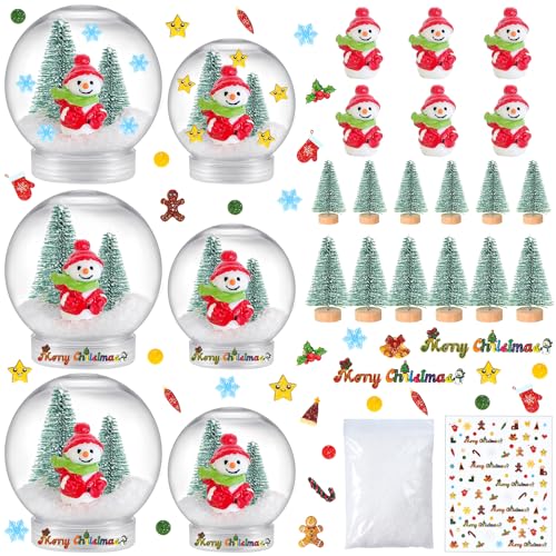 6 Set Christmas Plastic Snow Globes Kit Includes 6 Clear Snow Globe, 12 Mini Xmas Trees, 6 Christmas Snowman Fillable Ornaments, 1 Xmas Sticker with Artificial Snow for DIY Crafts Home Winter Decor