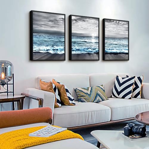 Black Framed Wall Decorations For Living Room Large size 3 Piece Framed Canvas Wall Art Black And White Wall Painting Blue Ocean Sea Wave Pictures Artwork For Modern Beach Posters Home Decor