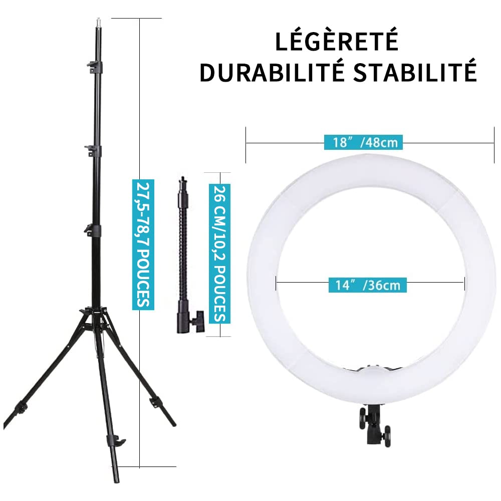 Lampe à Anneau LED 65W 18 Pouces de Maquillage avec Miroir pour Sourcil Lumière pour Tatouage, Beauté, Extension de Cils, Eclairage de Photographie de Studio avec Trépied Support de Téléphone
