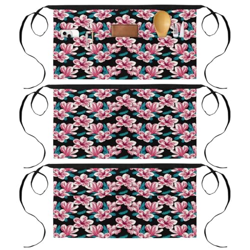 Tablier court de chef par 3 avec 3 poches pour cuisine, motif floral rose et noir