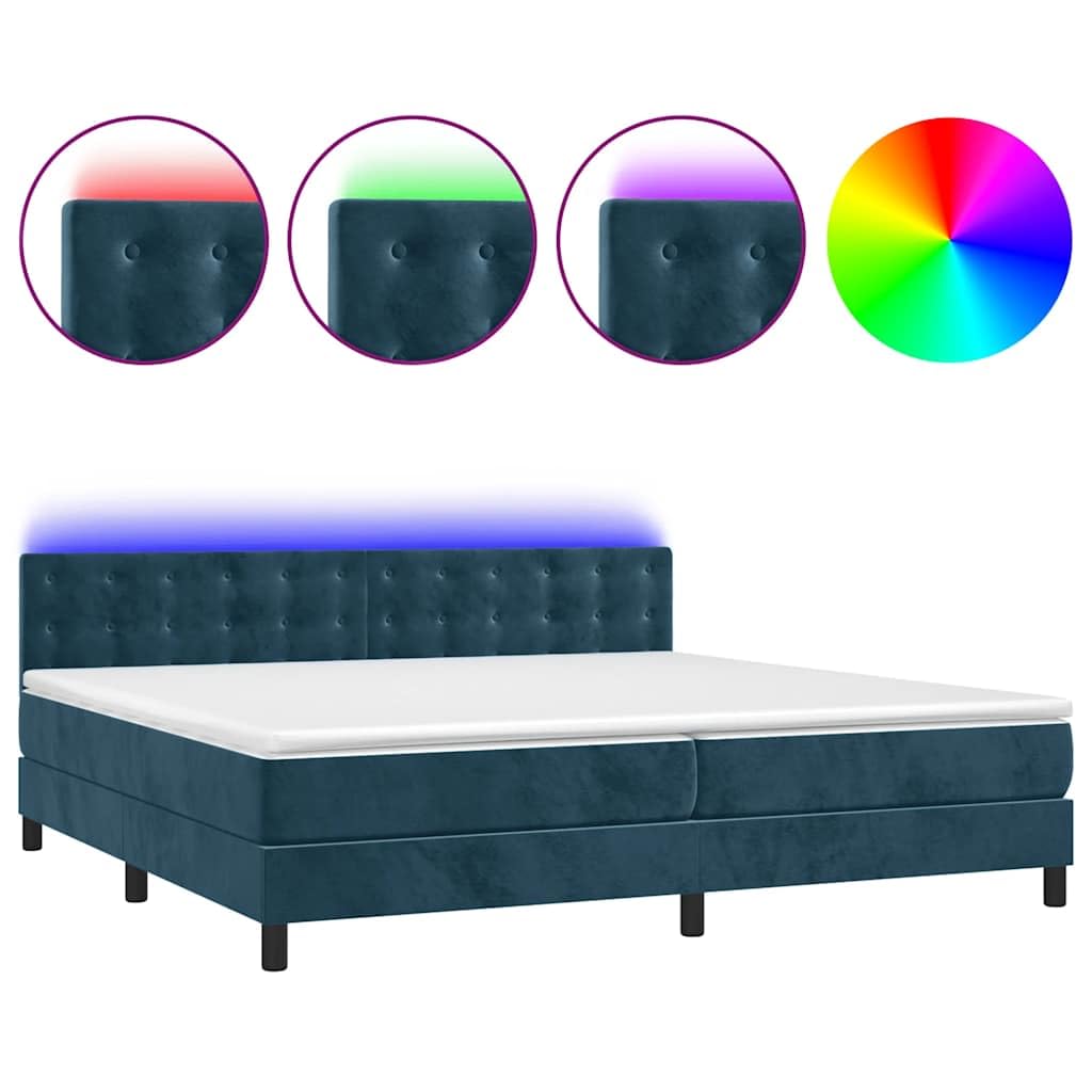 aksamit z regulowanym zagłówkiem i LED kontynentalne niebieski 200x200 cm | Łóżko kontynentalne z materacem i LED, niebieski aksamit 200x200cm z zagłówkiem