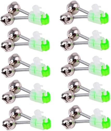 WEZCHUGHAOL 10Pcs Fishing Rod Bell Dual Bells 1.89inch Green Galvanized Fish Bite Alarm Portable Reusable Bite Indicator for Night Fishing Fishing Rod Bells