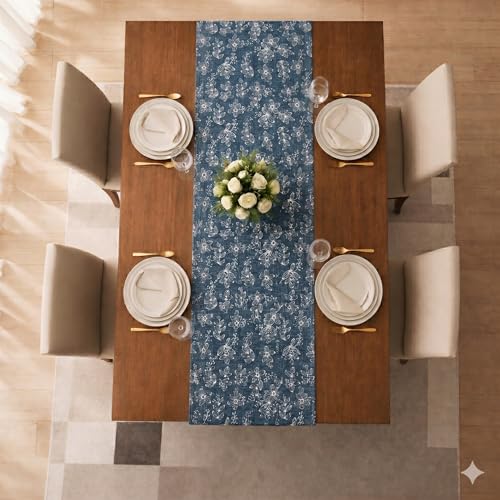 Image of STITCHNEST Woven Table Runner 13x72 Inches | Blue Floral Design | Tassel Finish | Modern Dining Table Decor