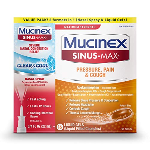 Mucinex Sinus-Max Maximum Strength Pressure, Pain & Cough Liquid Gels and Sinus-Max Severe Nasal Congestion, 3/4 Fl Oz + 16 Liquid Gels Mucinex Sinus-Max Maximum Strength Pressure, Pain & Cough Liquid Gels and Sinus-Max Severe Nasal Congestion, 3/4 Fl Oz + 16 Liquid Gels