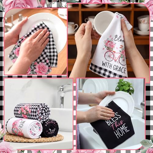 Image of VitalCozy 6 Pcs Lavender Summer Kitchen Towel Set Funny Housewife Farmhouse Rustic Bath Hand Towel for Holiday Bathroom Gift, 24 x 16 Inches (Black and White,Pink Rose)
