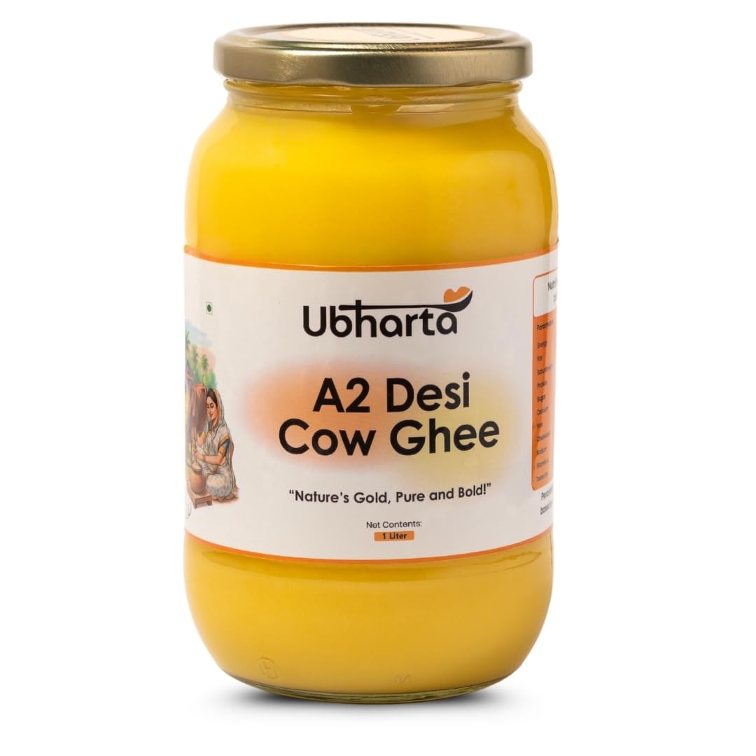 Ubharta A2 Desi Cow Ghee 1 Litre | 100% Pure, Organic And Healthy | Traditional Vedic Bilona Method | Grassfed Free Grazed | Farm Made Curd Churned Danedar Ghee