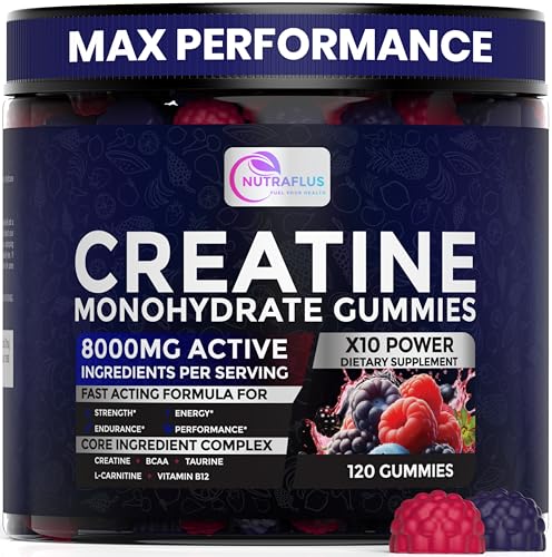 Image of Creatine Monohydrate Gummies 8000mg per Serving for Men & Women - Creatine Gummies with BCAA, Taurine, L-Carnitine & Vitamin B12 - Made in USA, Vegan, Gluten Free, Berry Flavor, 120 Count