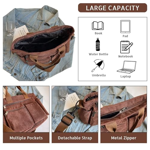 Vintage Corduroy Tote Bag with Zipper, Large Shoulder Bag for Women with Multi-Pocket, Lightweight Crossbody Purse3