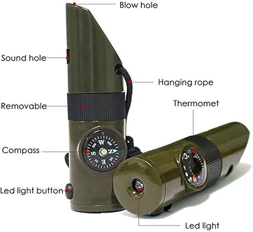 Miniatura 3 de GOODTAKE 7 en 1 verde supervivencia silbato brújula termómetro linterna lupa herramientas multifunción senderismo al aire libre accesorios