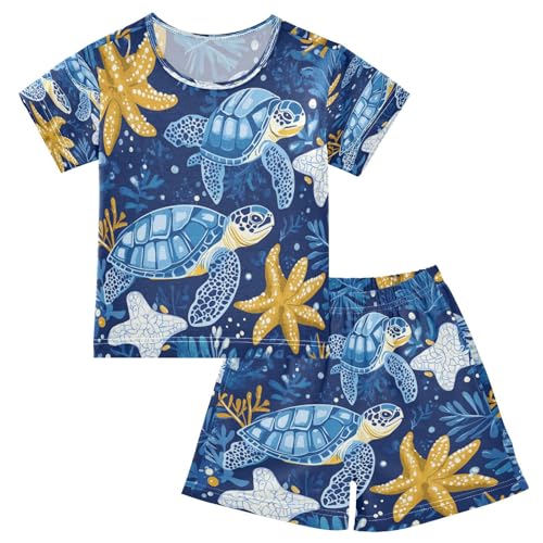 Pajama Sets Short Sleeve Ocean Life Sea Creatures Turtle Soft Cotton Summer Sleepwear 2 Piece PJS Size 5-14T