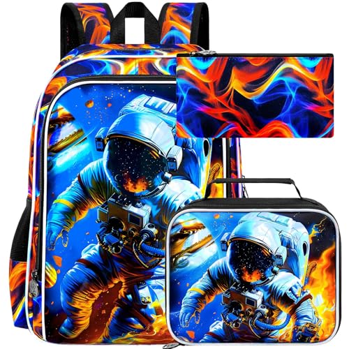 Image of 3Pcs Space Backpack for Boy, 17 inch Fire Bookbag for Elementary Preschool Kindergarten, Kids School Backpacks with Lunch Box (Red)