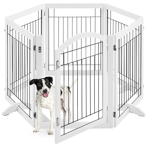 Yaheetech-148-inch-Extra-Wide-Pet-Gate-for-Dogs-34-inch-Tall-Dog-Gate-with-Door-Foldable-Wire-Puppy-Safety-Fence-w3-Support-FeetFreestanding-Dog-Gate-for-The-House-Doorway-StairsWhite6-Panels - Cucciolini Doodles   Yaheetech-148-inch-Extra-Wide-Pet-Gate-for-Dogs-34-inch-Tall-Dog-Gate-with-Door-Foldable-Wire-Puppy-Safety-Fence-w3-Support-FeetFreestanding-Dog-Gate-for-The-House-Doorway-StairsWhite6-Panels