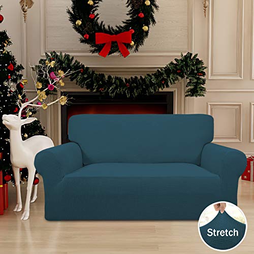 Image of Easy-Going Stretch Loveseat Slipcover 1-Piece Sofa Cover Furniture Protector Couch Soft with Elastic Bottom for Kids Polyester Spandex Jacquard Fabric Small Checks (Loveseat, Deep Teal)
