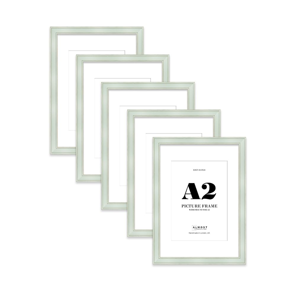 A2 Sage Green Picture Frame with A3 Mount - Shabby Chic Photo Frame with Distressed Finish, Gold Trim, Wall Hooks, 37mm Edge - 5 Pack