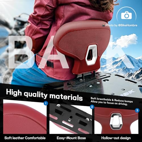 Image of Mokuo C-Shape Motorcycle Backrest - Universal Easy-Mount Base, Comfortable Body-Hugging Support with PU Foam, Fits ATV Scooter Cruiser Moped & Bike Luxury burgundy - Red
