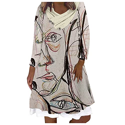 Dresses for Women Casual Button Fake Two Piece Pile Collar Flower Print Dress Fall Loose Long Sleeve Bodycon Dresses (02 Khaki, XL) Dresses for Women Casual Button Fake Two Piece Pile Collar Flower Print Dress Fall Loose Long Sleeve Bodycon Dresses (02 Khaki, XL)