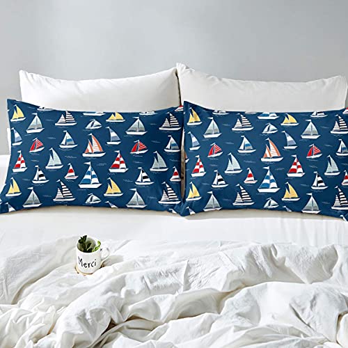 Sailboat Duvet Cover Nautical Theme Decor Bedding Set Cartoon Boat Pattern Boys Teen Girls Comforter Cover Set including Zipper Ties Soft Microfiber Bedding,1 Duvet Cover with 1 Pillow Case,Single Size - Image 2