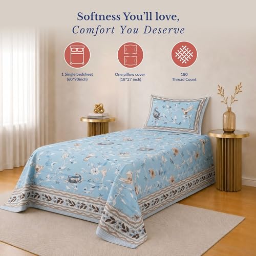 Image of Jaipur Weaves Single Bed Cotton Bedsheet with 1 Pillow Cover, 100% Pure Cotton Single Bedsheet 60x90 Inches, 180 TC Soft Breathable Bird Bed Sheet - (Pacific Blue Bird)