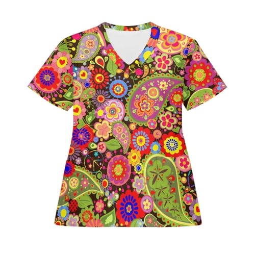Drnuikhe 70s Floral Hippie Daisy Print Scrub Undershirts Short Sleeve Women Uniformes De Enfermeras De Mujer Nurse Scrub Top Suitable for Private Medical Room Multicolor