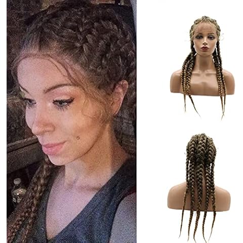 Karissa Hair Brown 5 Braid Wig Fully Handmade Brown Mix Blonde Braid Wig Synthetic Mix Color Braid with Baby Hair Heat Resistant Fiber 5 Braided Makeup Daily Wigs for Women 24 Inch Cover