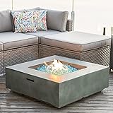 COSIEST Outdoor Propane Fire Pit Coffee Table w Square Faux Stone 35-inch Planter Base, 50,000 BTU Stainless Steel Burner, Free Lava Rocks and Rain Cover, Metal Lid (Celadon)
